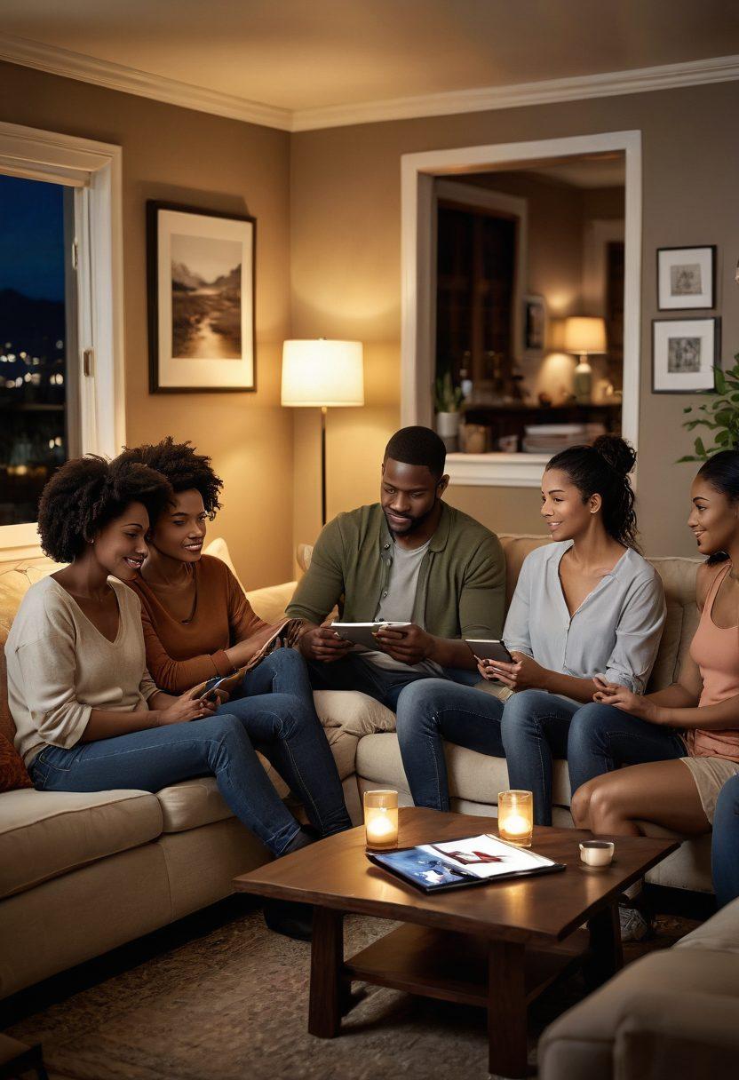 A diverse group of people engaging with adult media in a cozy, inviting living room, showcasing open conversations about intimacy. Soft, warm lighting highlights emotions and connections between the characters, creating an atmosphere of intimacy and trust. Elements of modern technology, like tablets and smartphones, subtly included. The background features a tasteful art piece that reflects the theme of intimacy. super-realistic. warm colors. cozy atmosphere.